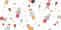 Vector illustration, seamless colored pattern from kids elements for boys, doodling for paper design, fabric, interior