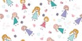 Vector illustration, seamless colored pattern from kids elements for girls, doodling for paper design, fabric, interior