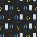 Seamless pattern mobile phone with headphones on a dark background.