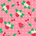 Seamless pattern with berries. cherries and strawberries on a pink background in polka dots. Royalty Free Stock Photo