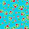 Seamless pattern with berries. stickers of strawberry and cherry with white outline on blue background.