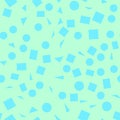 Vector illustration of a seamless pattern of blue simple shapes - squares, triangles, circles on a light green Royalty Free Stock Photo