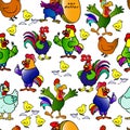 Vector illustration, seamless pattern, bright funny roosters, hens with clings, design for textiles Royalty Free Stock Photo