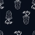 Seamless pattern with Cairo label with hand drawn Sphinx, lettering Cairo on dark blue background Royalty Free Stock Photo