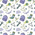 Seamless pattern of clothing items and hangers. Backpack, bowtie, tie, panama and cap