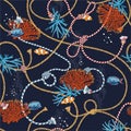 Vector illustration Seamless pattern with corals and animal trasure. Marine motif sailor mood background. Design in nautical style