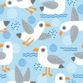 Vector illustration seamless pattern with cute seagulls on a blue background with abstract spots and dots