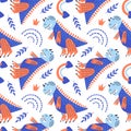 Vector illustration of seamless pattern with dinosaur. Royalty Free Stock Photo