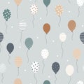 Vector illustration seamless pattern, flying balloons with geometric patterns. Cute tender composition for baby shower, banners,