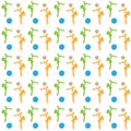 Vector illustration seamless pattern of girls in orange and green with a child in their arms and blue and brown balls on a white b