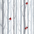 Vector illustration of seamless pattern with grey trees birches and red birds in winter time with snow in flat cartoon
