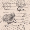 Seamless pattern with hand drawn Acropolis of Athens, lettering Athens, hand drawn Sphinx, lettering Cairo and faded text