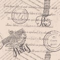 Seamless pattern with hand drawn Leaning tower of Pisa, lettering Pisa, hand drawn the Louvre, lettering Paris, and faded text