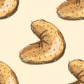 Seamless pattern with hand drawn outlines of bagel with abstract fill on yellow background