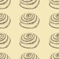Seamless pattern with hand drawn outlines of bun with poppy on yellow background