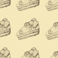 Seamless pattern with hand drawn outlines of chocolate cake with raspberries and blueberries on beige background