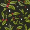 Vector illustration of a seamless pattern with leaves, flowers and berries on the branches of a coffee tree in a cartoon style.