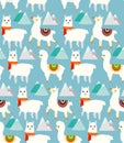 Vector Illustration seamless pattern with llamas, alpacas, mountains and hand drawn elements, childish texture for