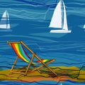 Illustration of seamless pattern with lounge on brink and sailing-ship on water. Drawing wallpaper with yellow sand Royalty Free Stock Photo