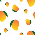 Vector illustration of a seamless pattern with mangoes in cartoon style. Tropical fruit background for packaging or fabric, juice