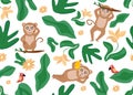 Vector illustration of seamless pattern with monkey, parrot, flower, plant leaves