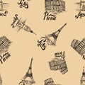 Seamless pattern with Moscow, Paris, Rome labels, hand drawn Kremlin, Eiffel Tower, Coliseum, lettering Moscow, Paris, Rome on bei