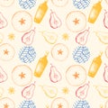 Vector illustration of a seamless pattern with multicolored citrus and apple fruits drawn by hand. Pattern with alcohol and
