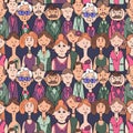 Vector illustration of a seamless pattern of portraits of people in clothes.