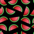 vector illustration, seamless pattern, red slices of watermelon with seeds on a black background, for textiles Royalty Free Stock Photo