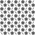 Vector illustration seamless pattern of rims with gradient metal parts, wrenches and automobile pumps on a white background Royalty Free Stock Photo