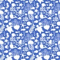 Seamless pattern with sea animals. White and blue. Octopus, fish, whale, seahorse, seashells, seaweed, starfish, turtle