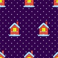 Seamless pattern snow-covered house on a dark background. Design element for poster, banner, clothes Royalty Free Stock Photo