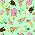 Vector illustration, seamless pattern, sweet ice cream of various types on a turquoise background