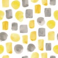 Vector illustration: seamless pattern of yellow and gray watercolor paint strokes and rectangles and circles Royalty Free Stock Photo