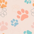 Vector illustration of a seamless print with a cat\'s paw. Colored animals background.