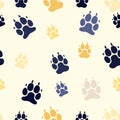 Vector illustration of a seamless print with a dog paw. Colored background animals.