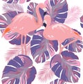 Vector Flamingo Tropical Leaves Ultra Violet Background