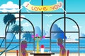 Vector illustration seascape background with the lovers near win