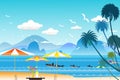 Vector illustration seascape background travel over sea with umbrella. Royalty Free Stock Photo