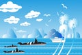 Vector illustration seascape background travel over sea with wh