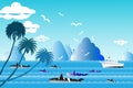 Vector illustration seascape background travel over sea with wh