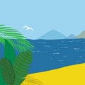 Vector illustration seascape beach palm trees tropical plants blue sea and sky with flying seagull. Bright sunlight sand ocean Royalty Free Stock Photo