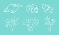 Vector illustration of seashells and seaweed on a blue background. Icons set. Royalty Free Stock Photo