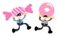 police officer burglar thief and pink sweet candy doughnut beverage cartoon doodle flat design vector illustration