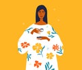 Vector illustration of self care routine, morning drink with beautiful woman in white floral dress holding in hands small cup of