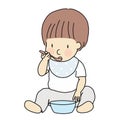 Vector illustration of self-feeding toddler. Little kid learning to eat food in bowl with spoon by self. Childhood developme