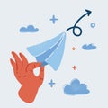 Vector illustration of Sending paper airplane concept. Hand starting flight of paper aircraft plane. Freedom, new