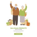 Vector illustration of senior couple, man and woman, holding zero waste products in hands - bags, kitchen and beauty Royalty Free Stock Photo