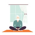 Vector illustration senior man with gray hair beard sitting on a yoga mat in lotus pose meditating. Stress management