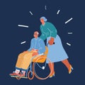 Vector illustration of senior man in wheelchair with careful woman. Volunteer caring for elderly person over dark Royalty Free Stock Photo